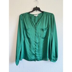 Liz Claiborne Women's Green Silky Long Sleeve Button Down Blouse Chest Pocket XL